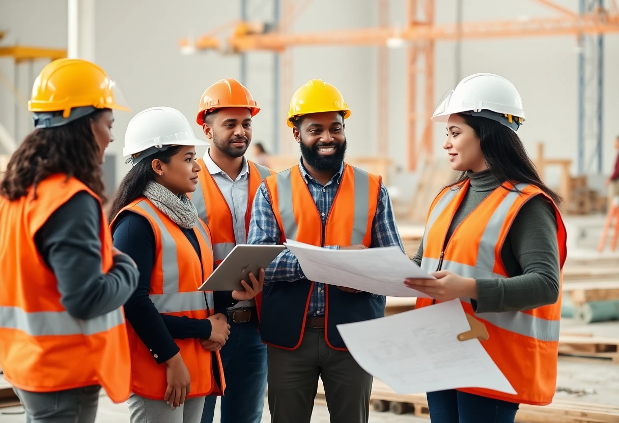 Construction workers discussing plans at a site