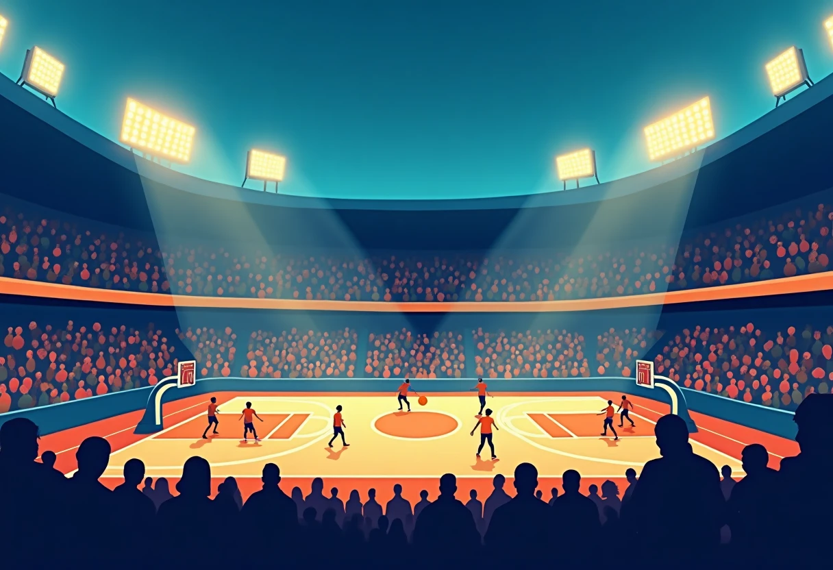 Basketball court illustration with players in motion