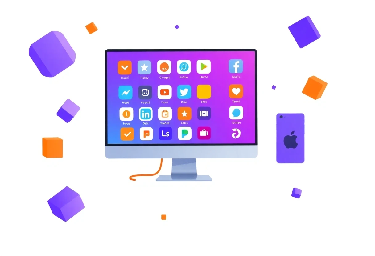 Productivity app icons floating in a geometric grid