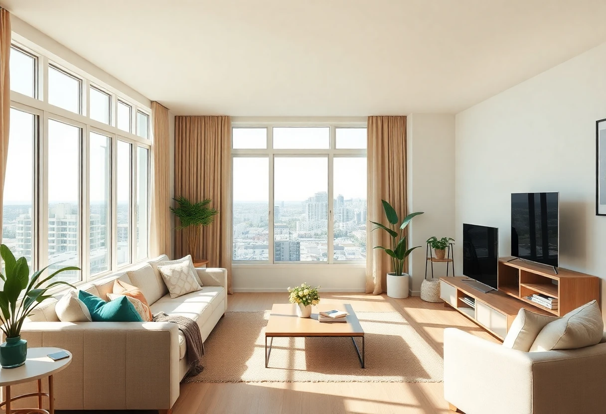Modern apartment living room with city view