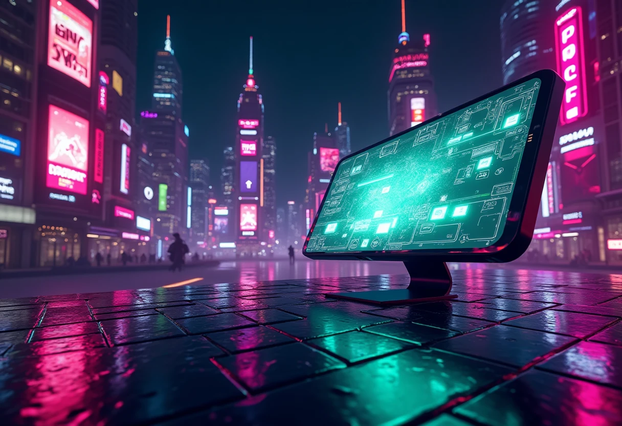 Digital landscape with floating app icons