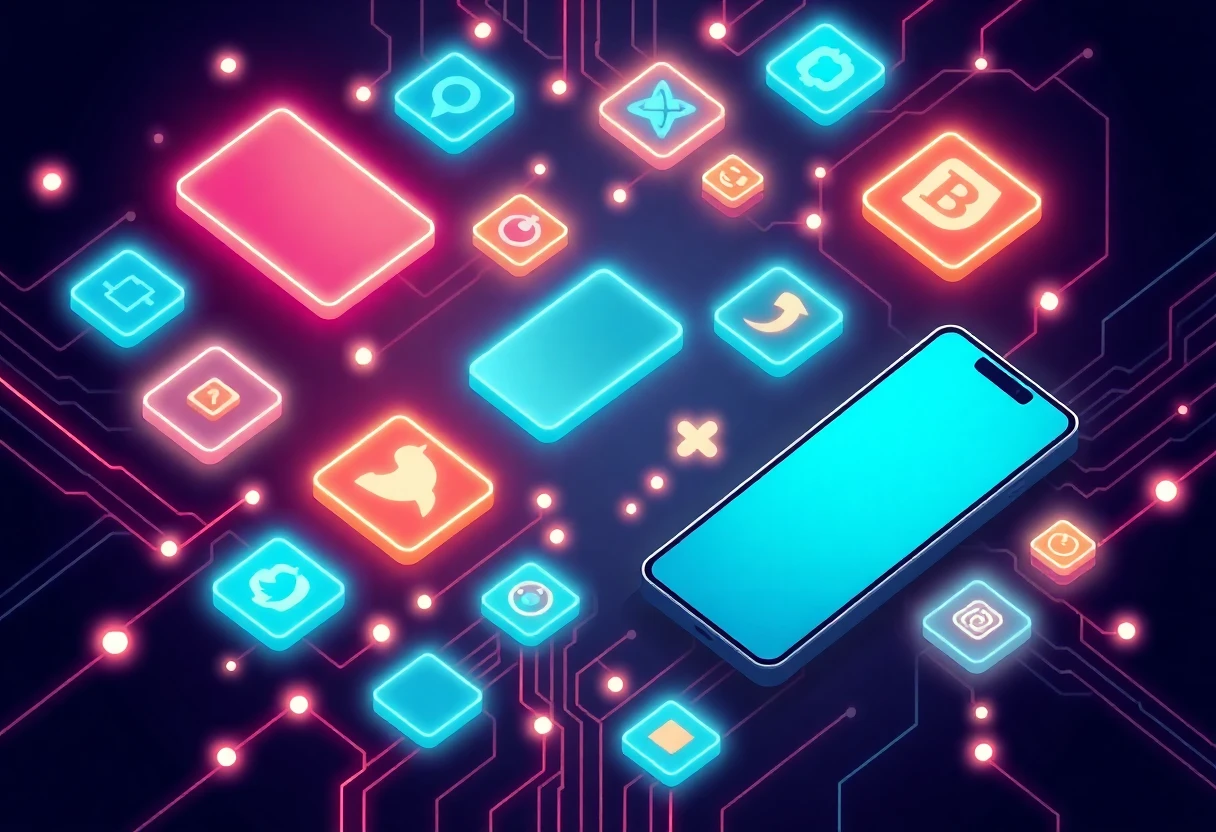 Social media app icons on a digital background