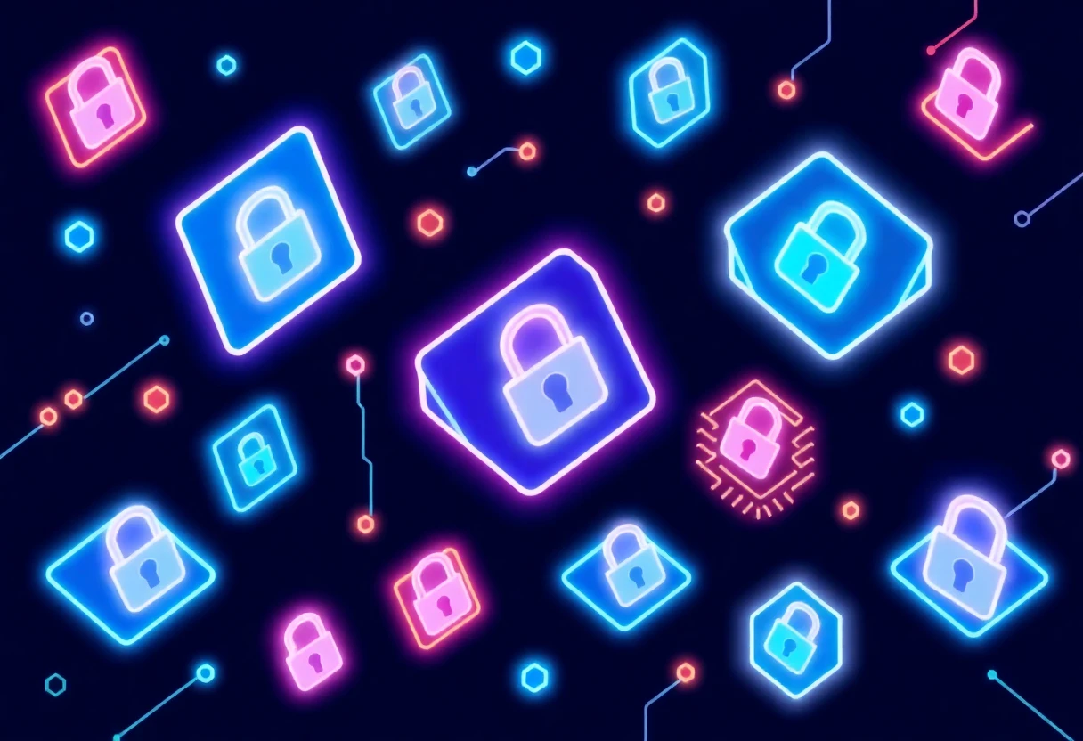 Digital privacy symbols on a circuit-board pattern