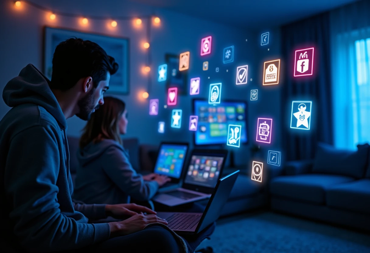 Neon app icons representing streaming services