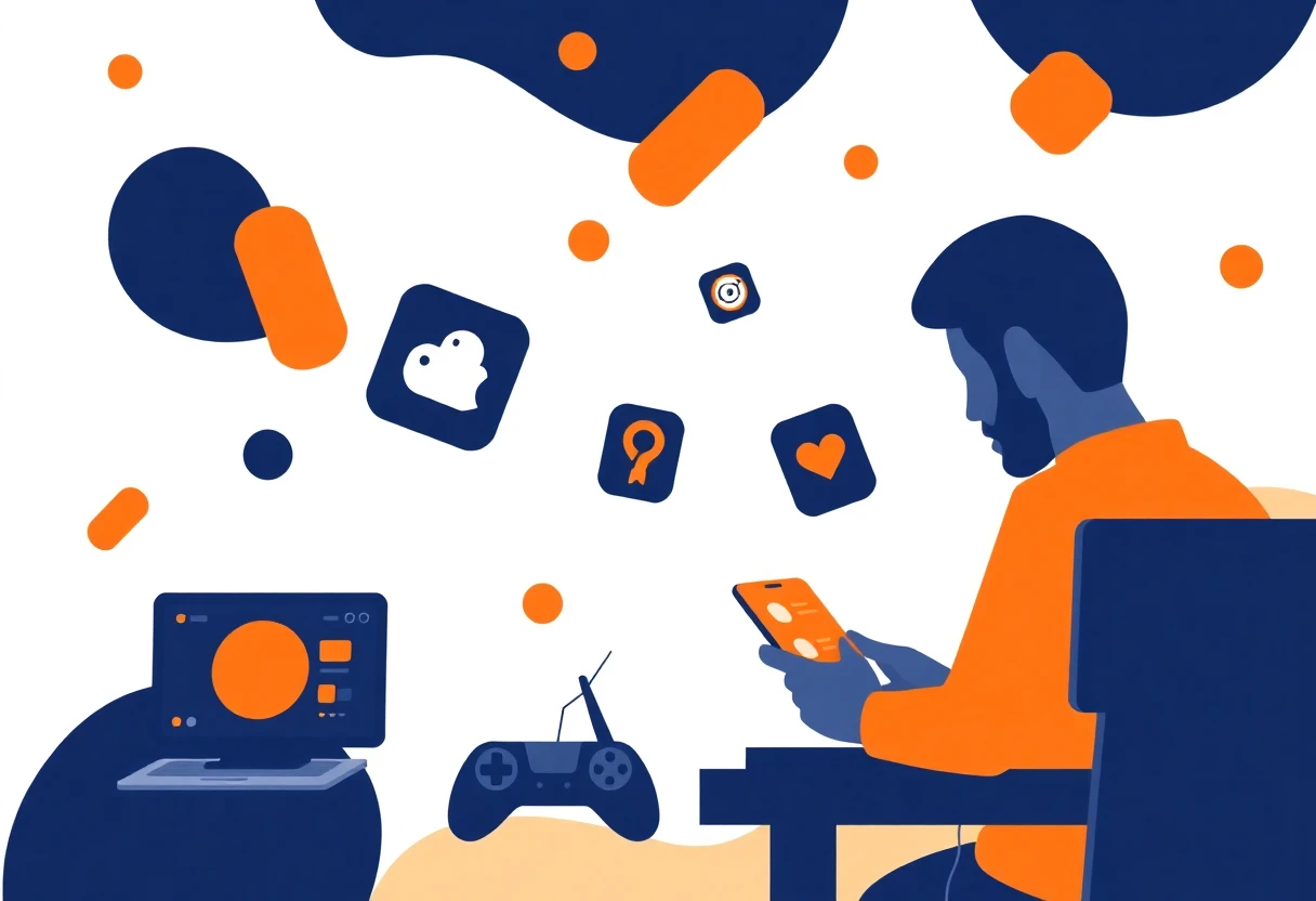 Floating app icons and abstract shapes