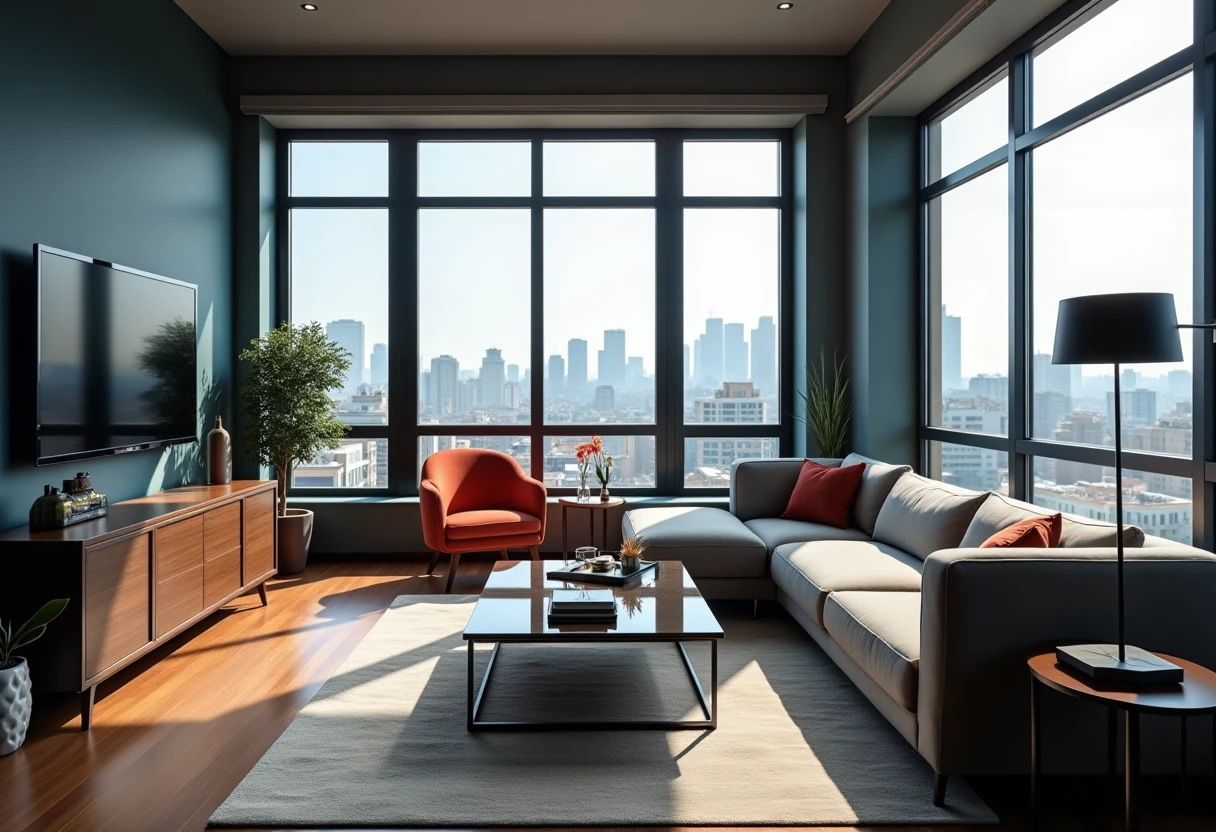 Sala de estar moderna con vista urbana
