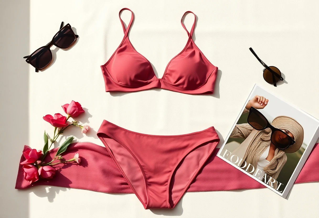 Bikini elegante y accesorios de playa