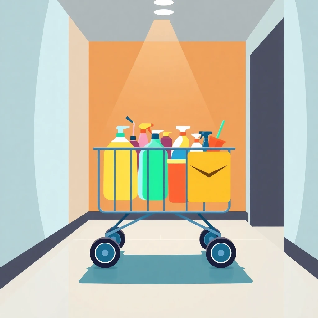 Carrito de limpieza lleno de productos