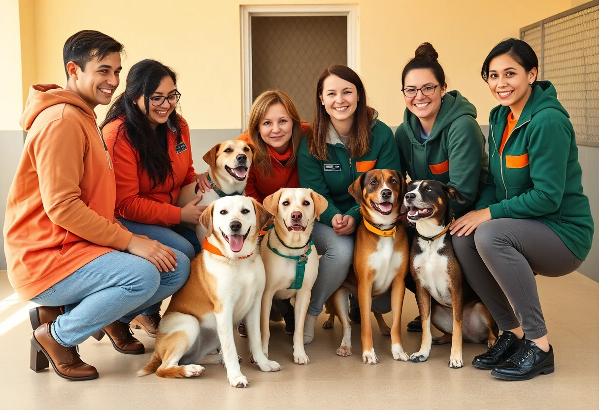 Volunteers with rescue dogs