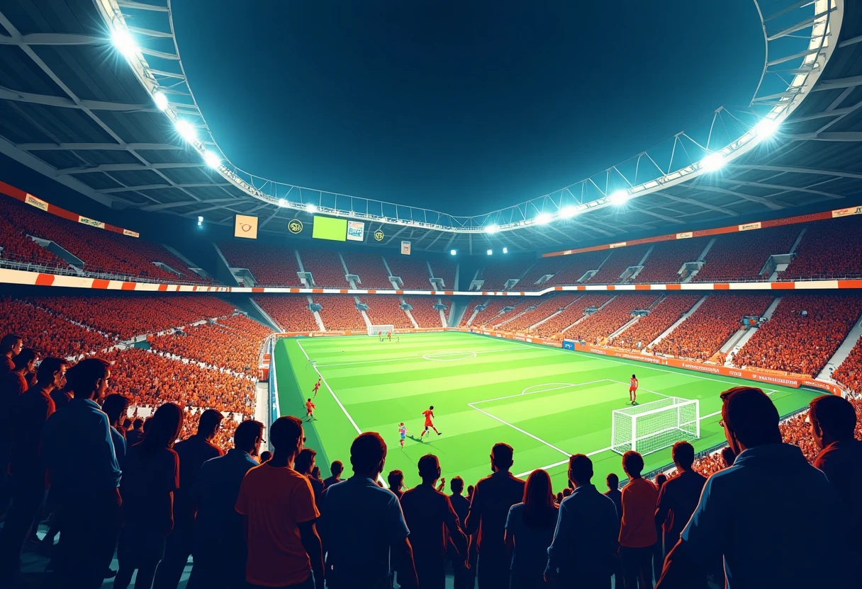 Estadio lleno de energía para un partido de fútbol nocturno