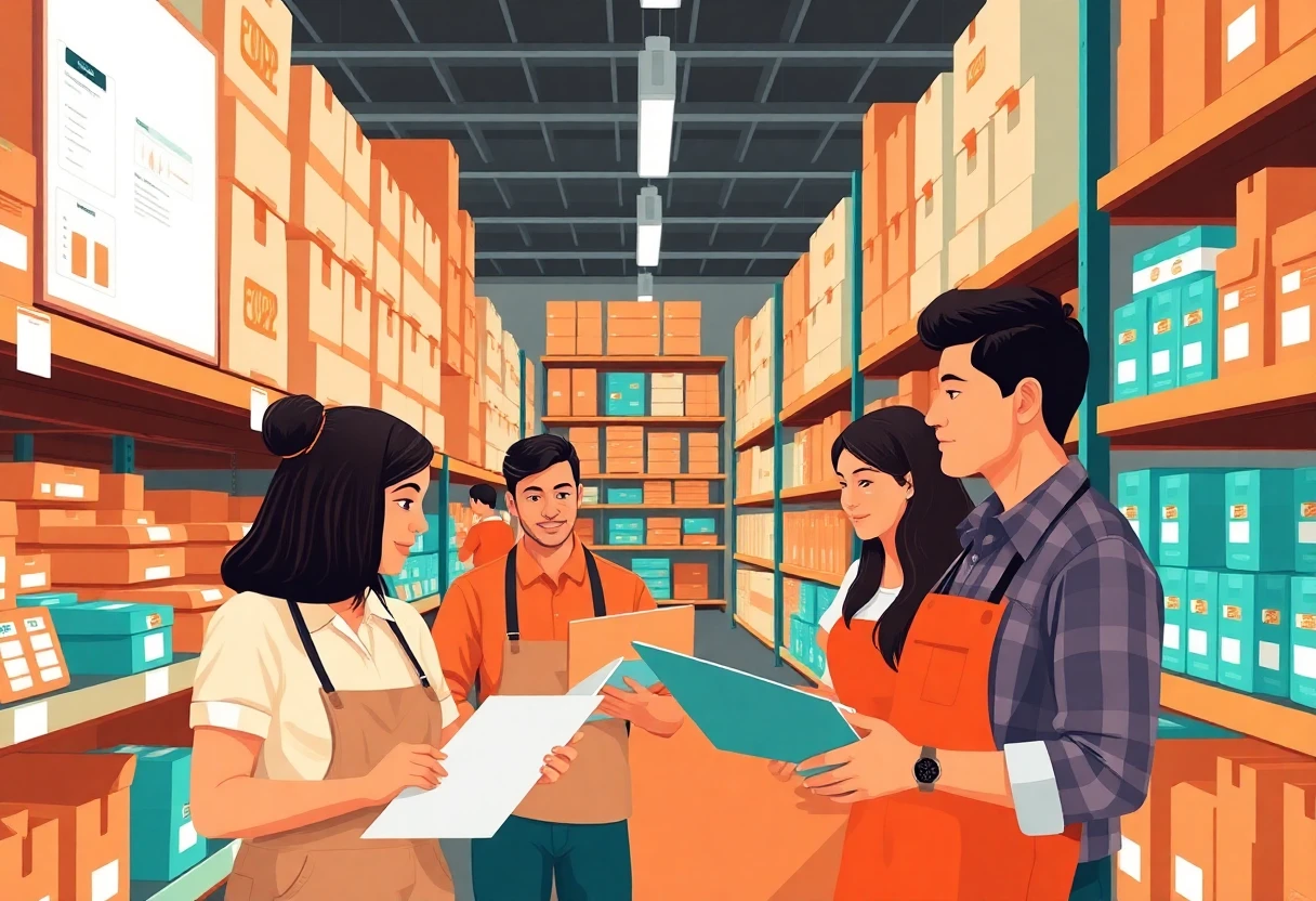 Trabajadores en un almacén organizado