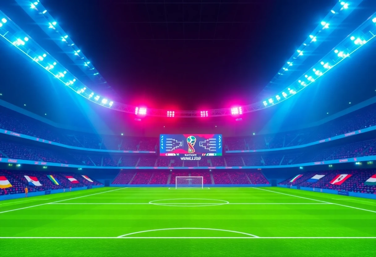 World Cup pitch with team flags
