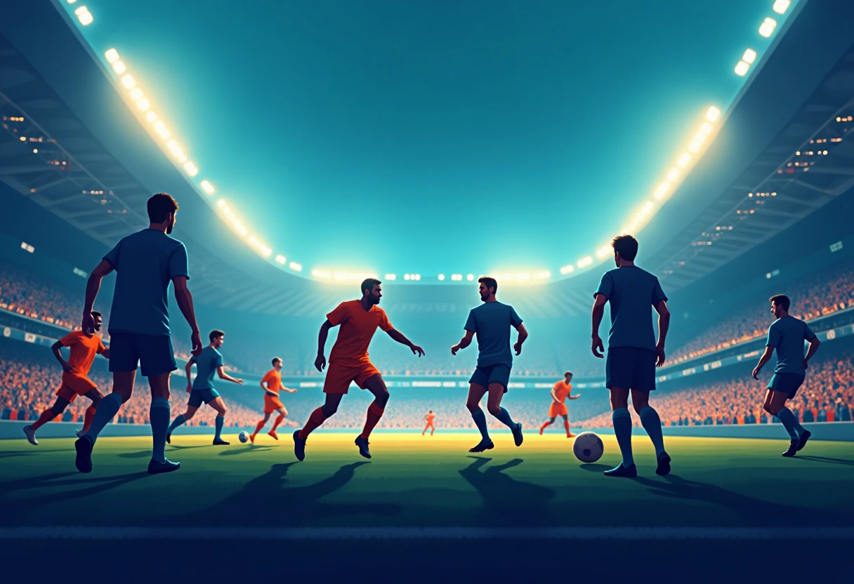 Football teams competing under floodlights