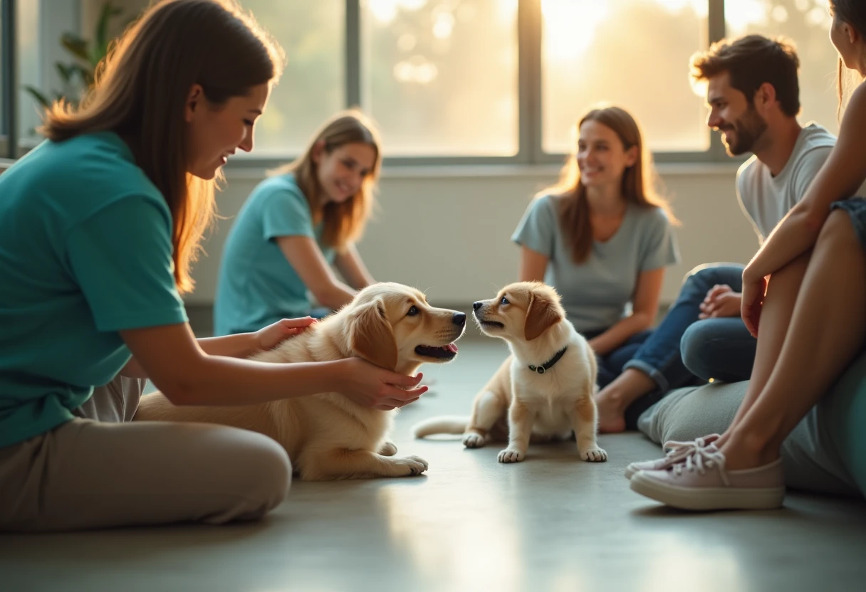 Animal shelter with visitors and pets