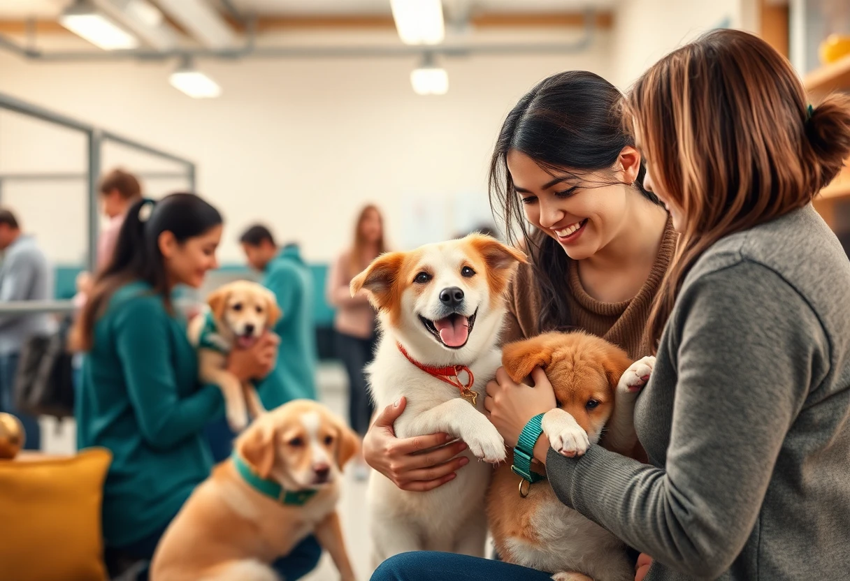 Busy adoption centre with visitors and pets