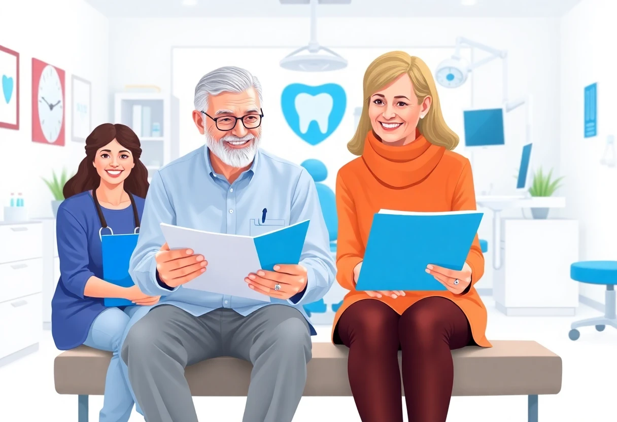 A close-up of a dental professional gently examining a senior patient's mouth, showcasing dental tools and a bright, sterile clinic environment. The scene conveys a sense of care and trust, with soft, warm lighting that emphasizes comfort and accessibility in dental implant treatments.