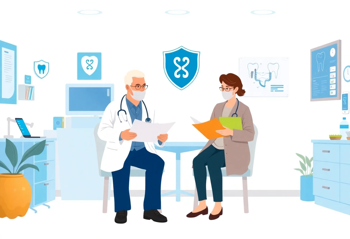 A warm, inviting dental clinic setting featuring an elderly couple discussing dental implant options with a friendly dentist. The room is bright and modern, with dental tools and diagrams on the walls, creating a sense of hope and accessibility for seniors seeking affordable dental care.