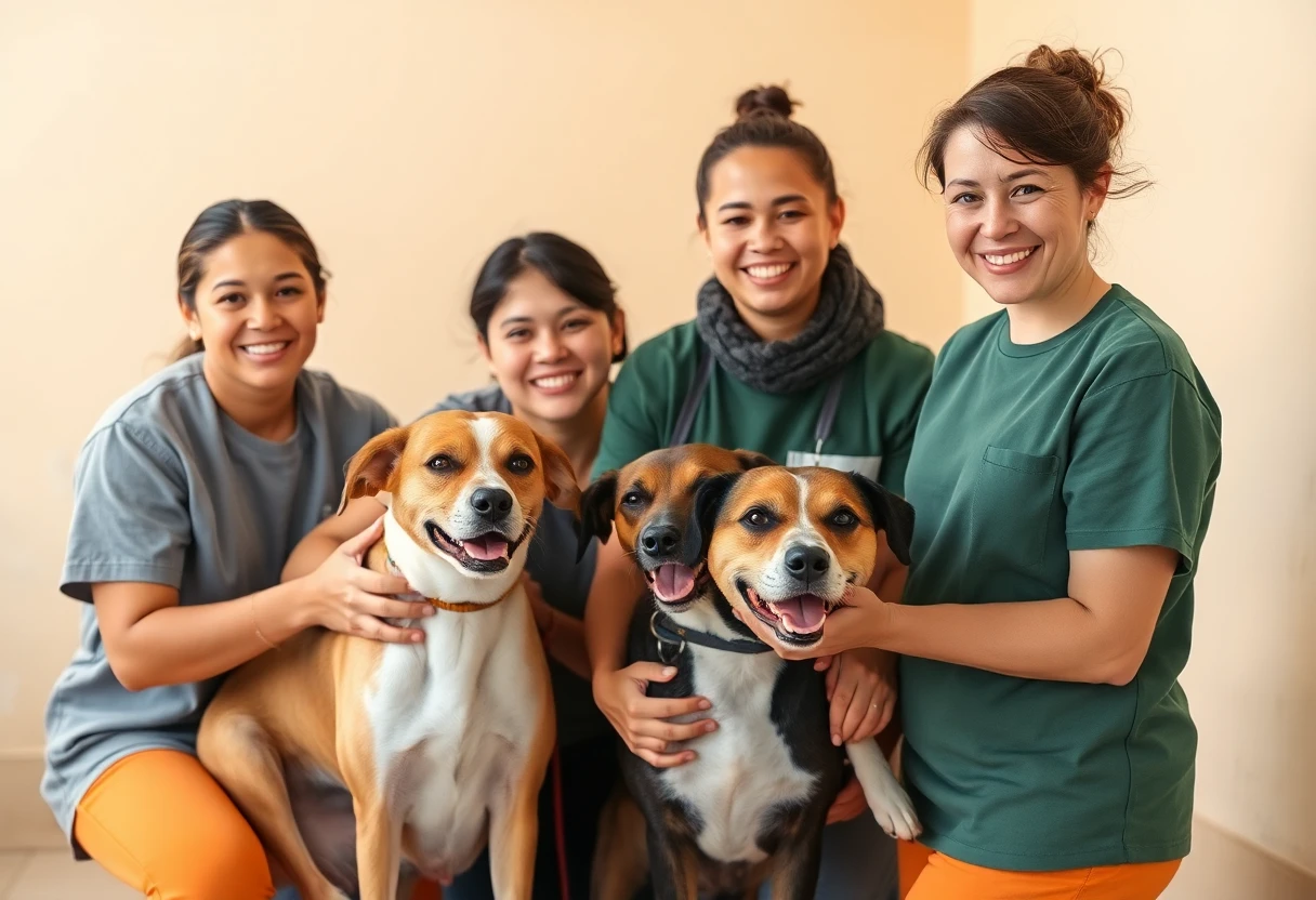 Voluntarios cuidando perros en un refugio