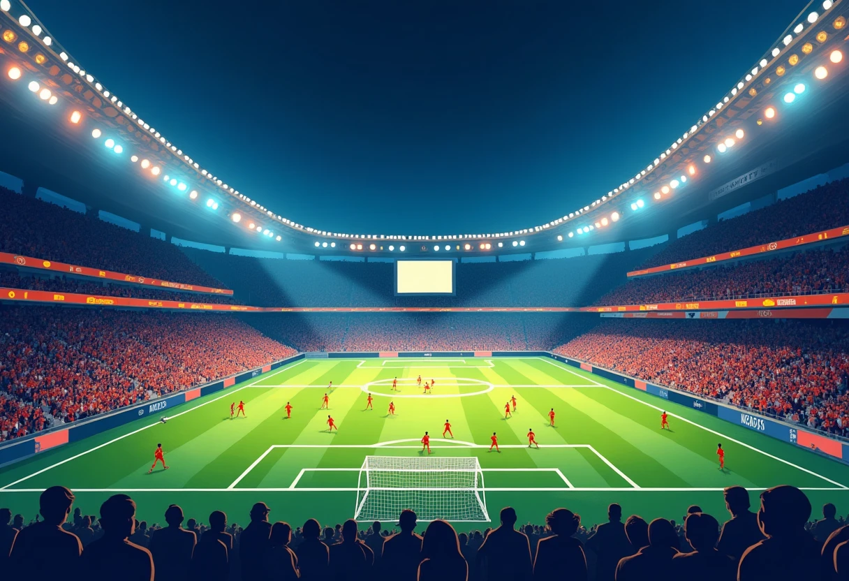 Stadium at night with match highlights