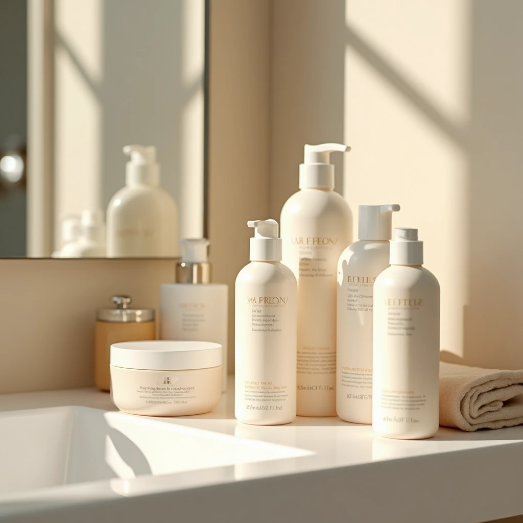 Hair care products on a vanity