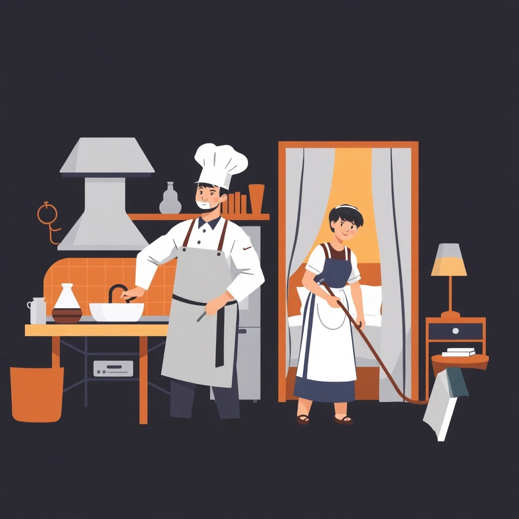 Koch und Zimmermädchen bei der Arbeit
