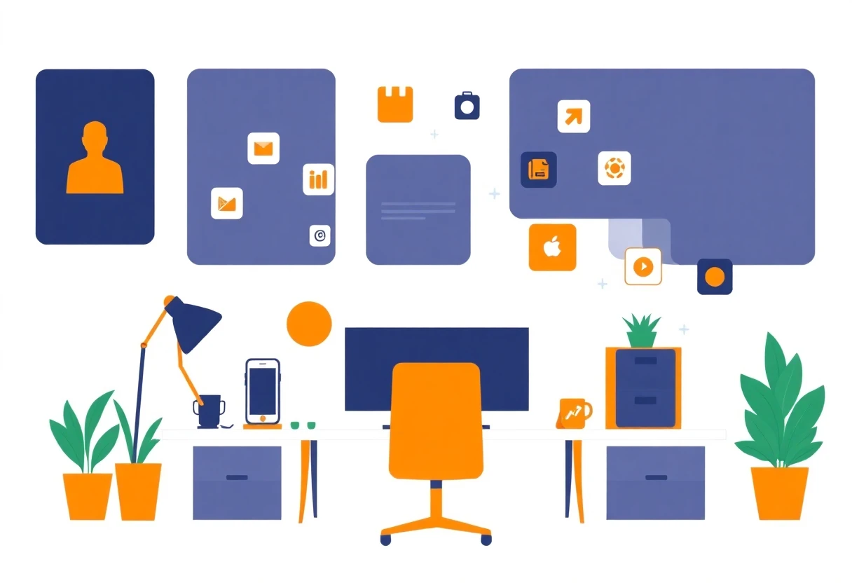 Entorno de oficina minimalista con iconos de apps