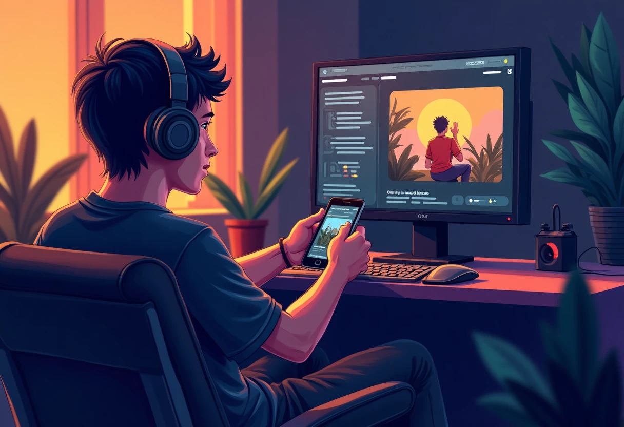 Gamer usando app de acompañamiento