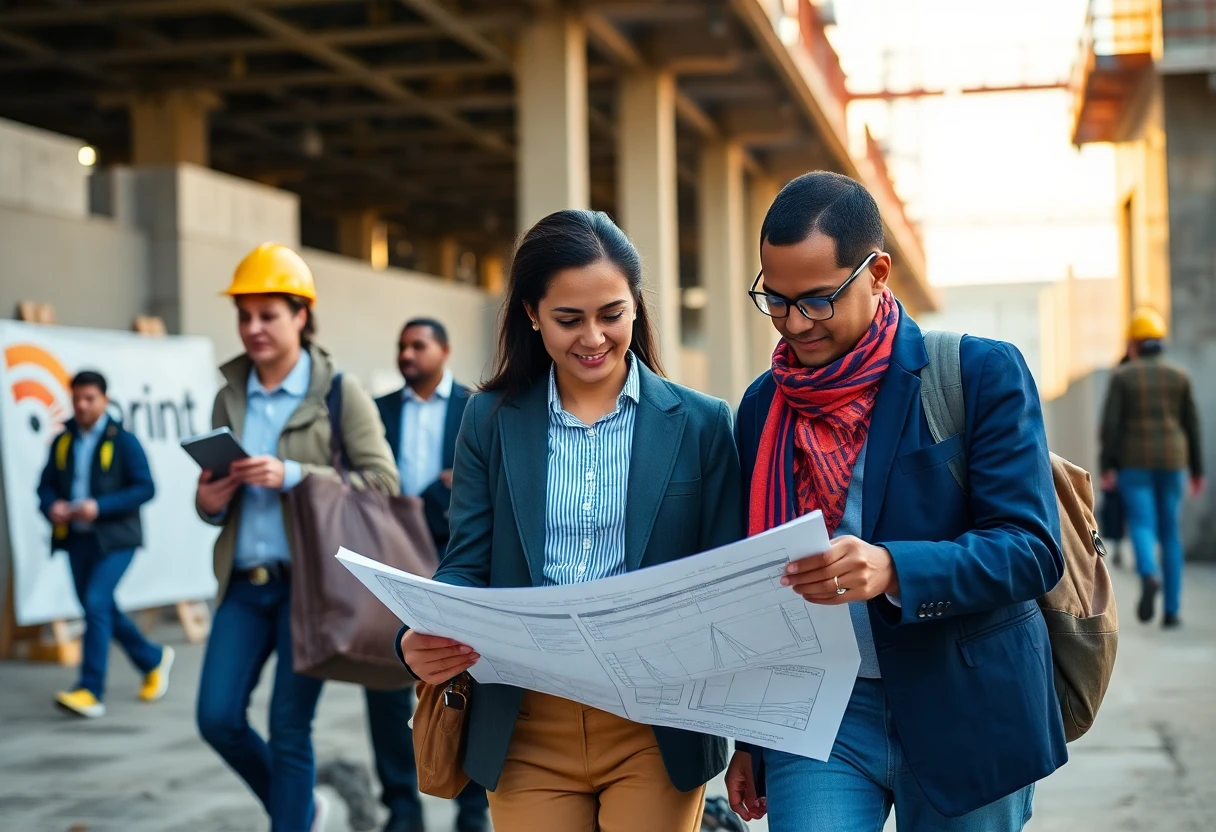 Trabajadores revisando planos en el sitio de construcción