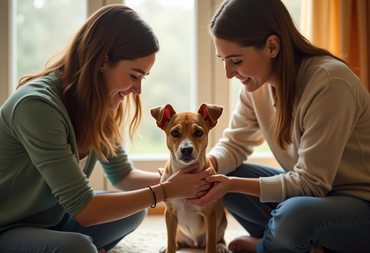 Une famille adoptant un animal dans un refuge