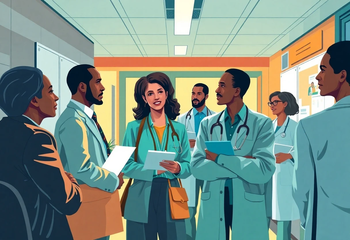 Discussion d'équipe dans un cadre hospitalier moderne