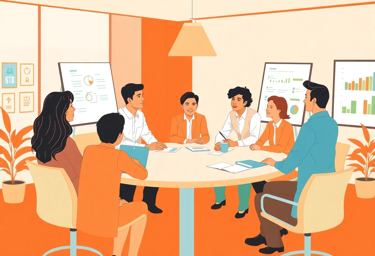 Professionnels en discussion dans un bureau moderne