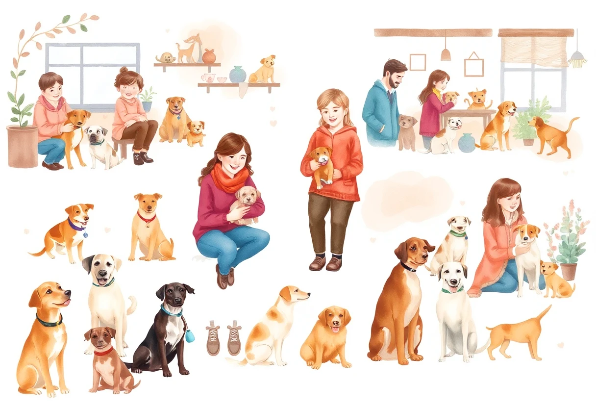 Scène d'adoption de chiens en refuge
