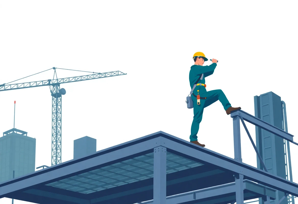 Muncitor ajustând o structură metalică pe șantier
