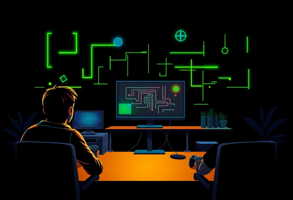 Gaming elements in a dark neon setting