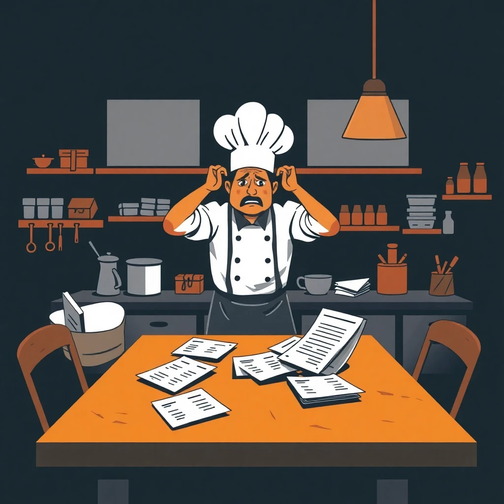 Chef frustrado en una cocina desorganizada