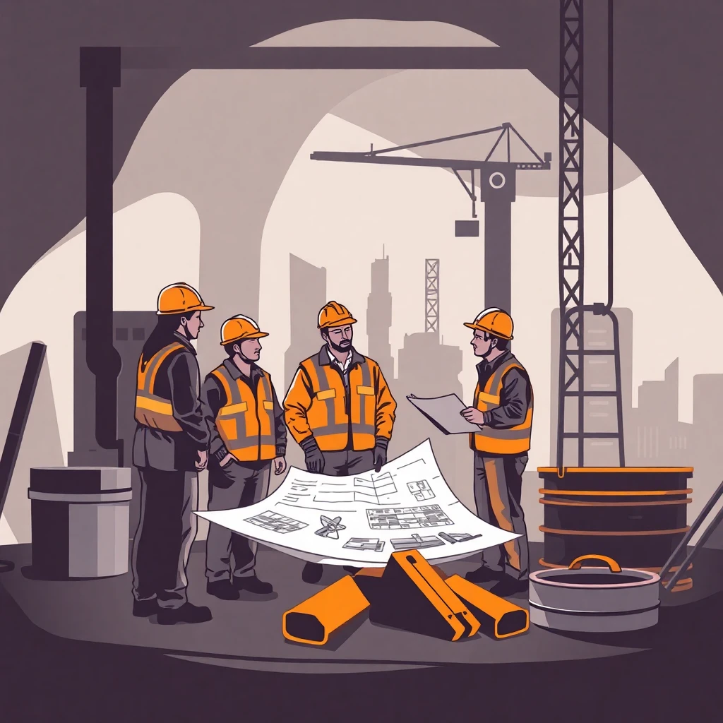 Trabajadores de construcción analizando planos