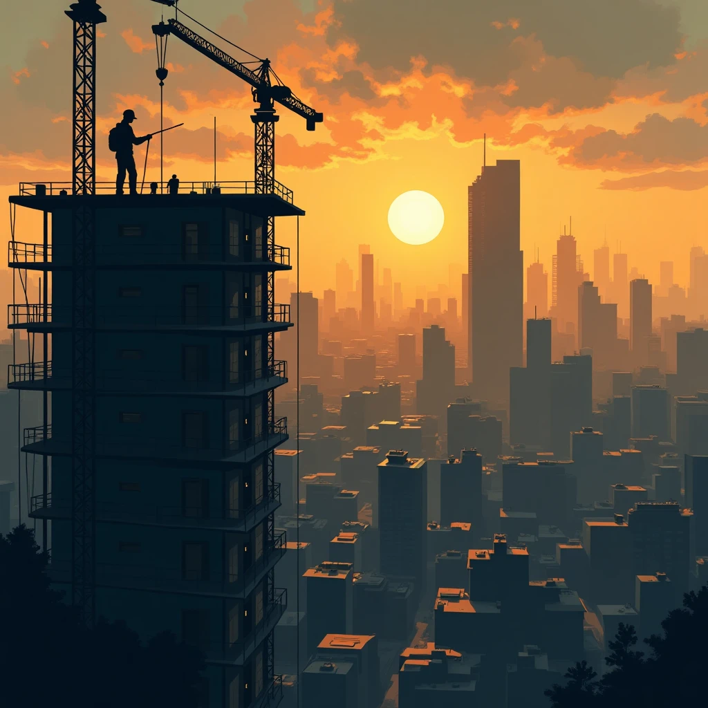 Trabajador de construcción en un edificio alto