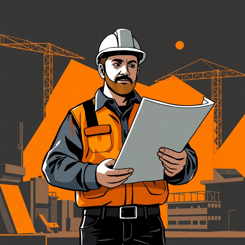Trabajador en construcción revisando planos