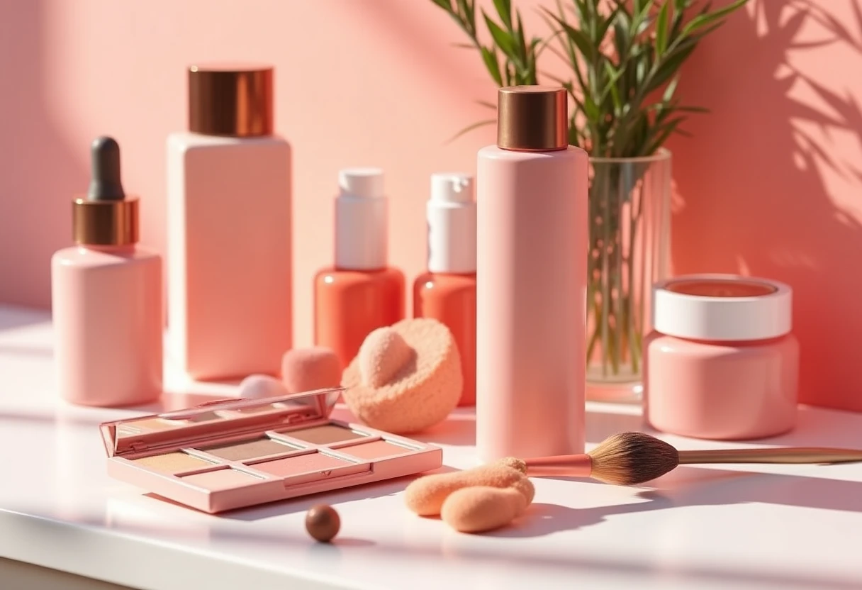 Makeup products on a vanity