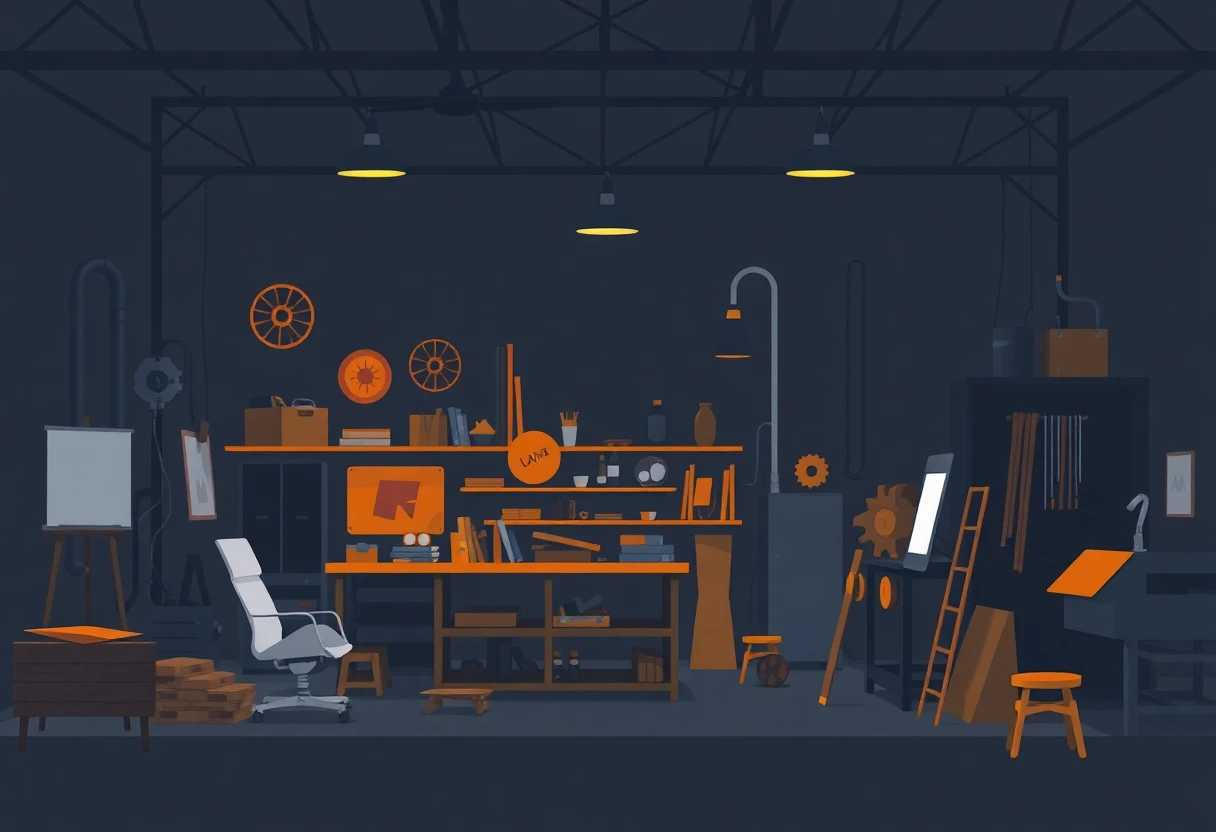 Industrial workshop with geometric shapes