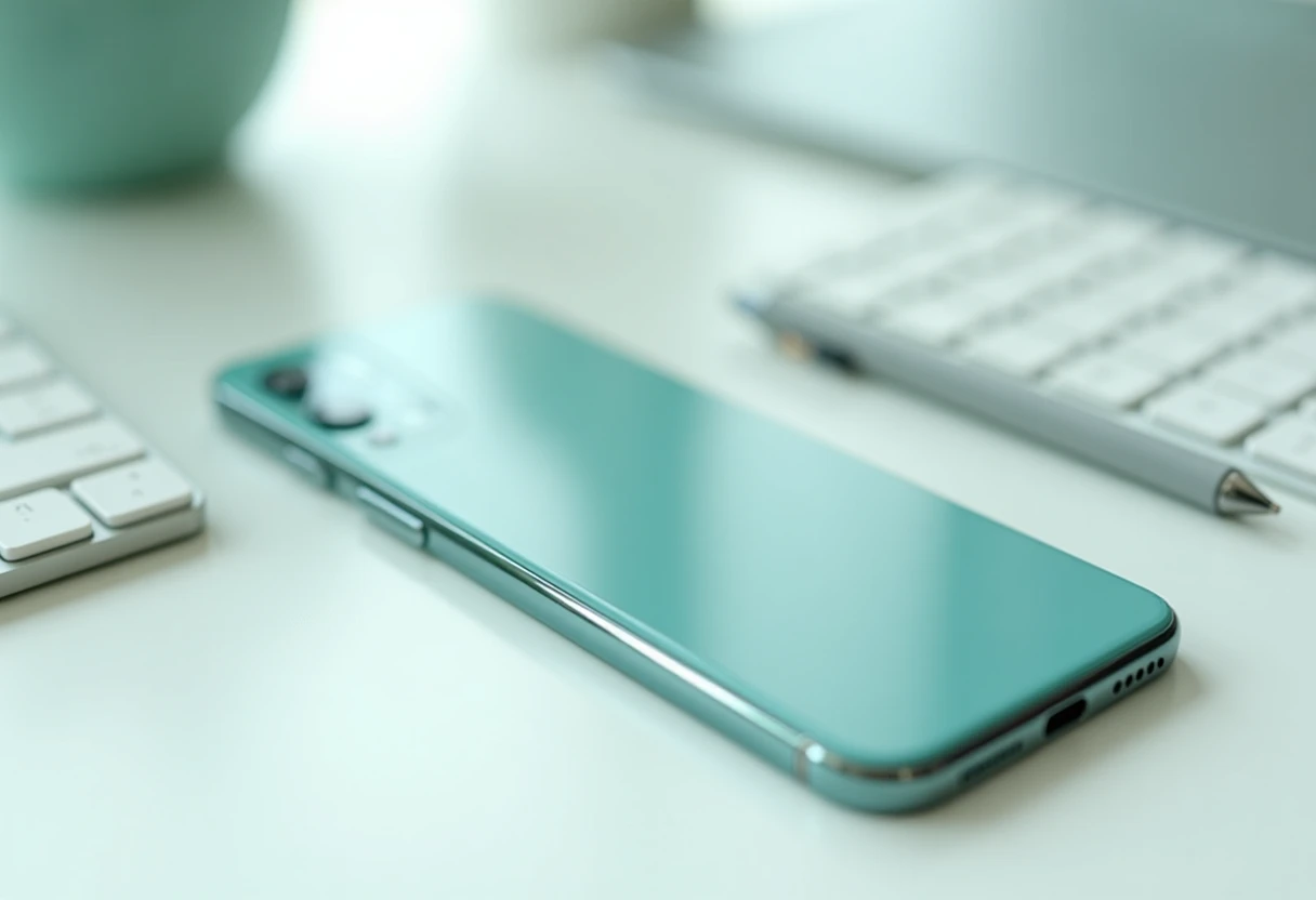 Smartphone de gama média em um ambiente de trabalho