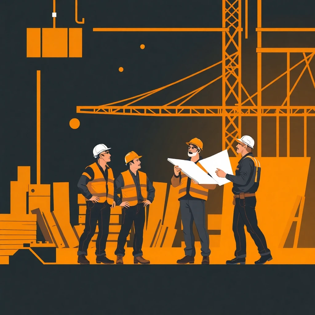 Trabajadores de la construcción revisando planos