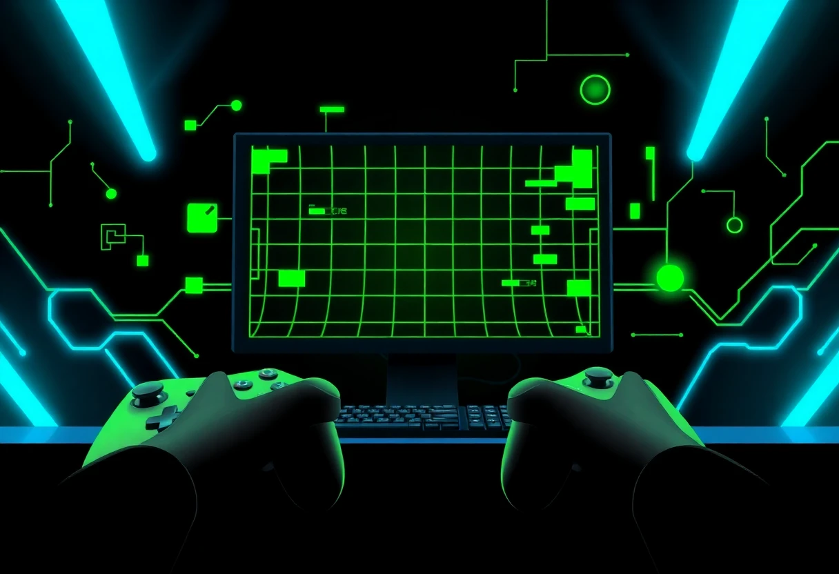 Abstract strategy gaming illustration with neon accents