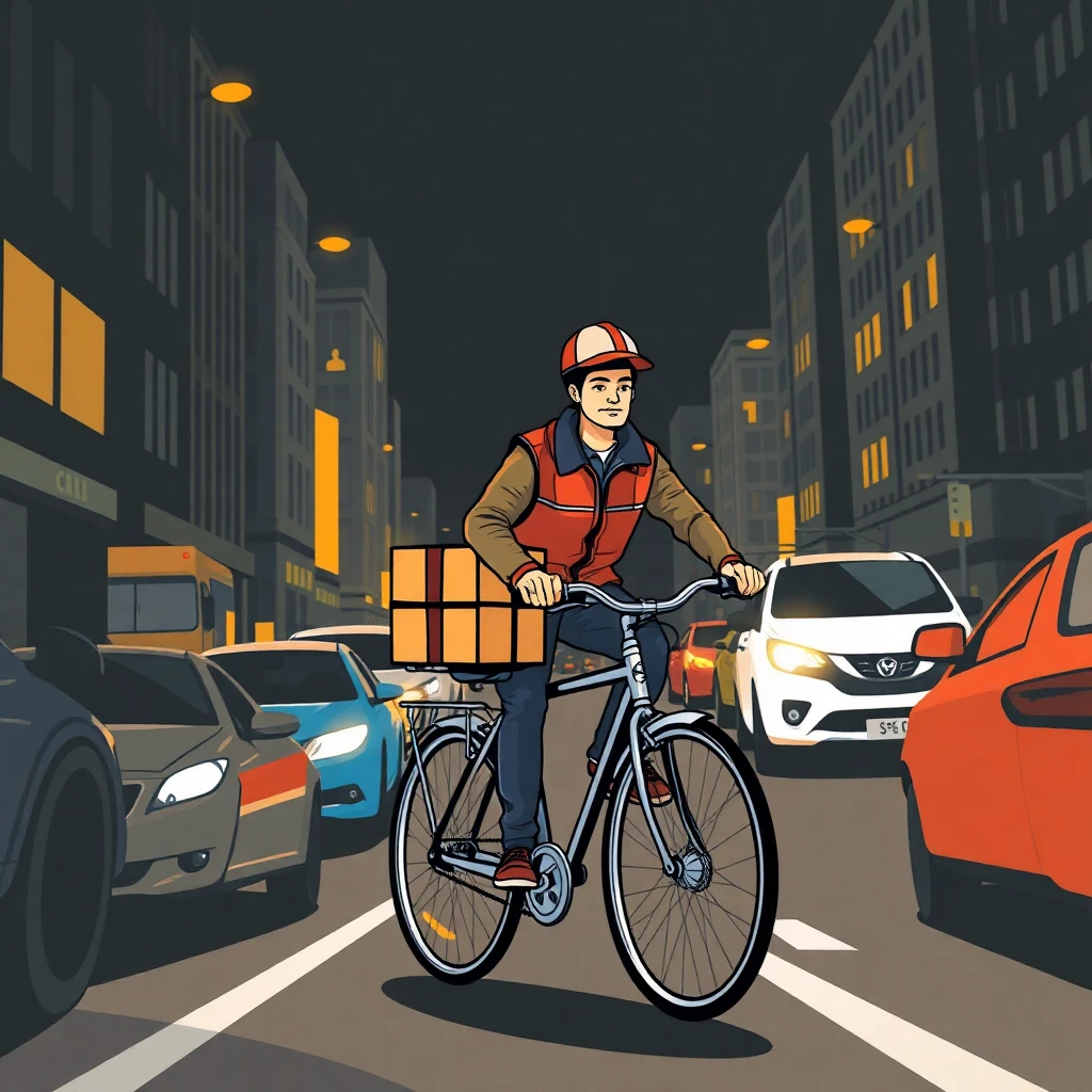 Courier riding through city traffic