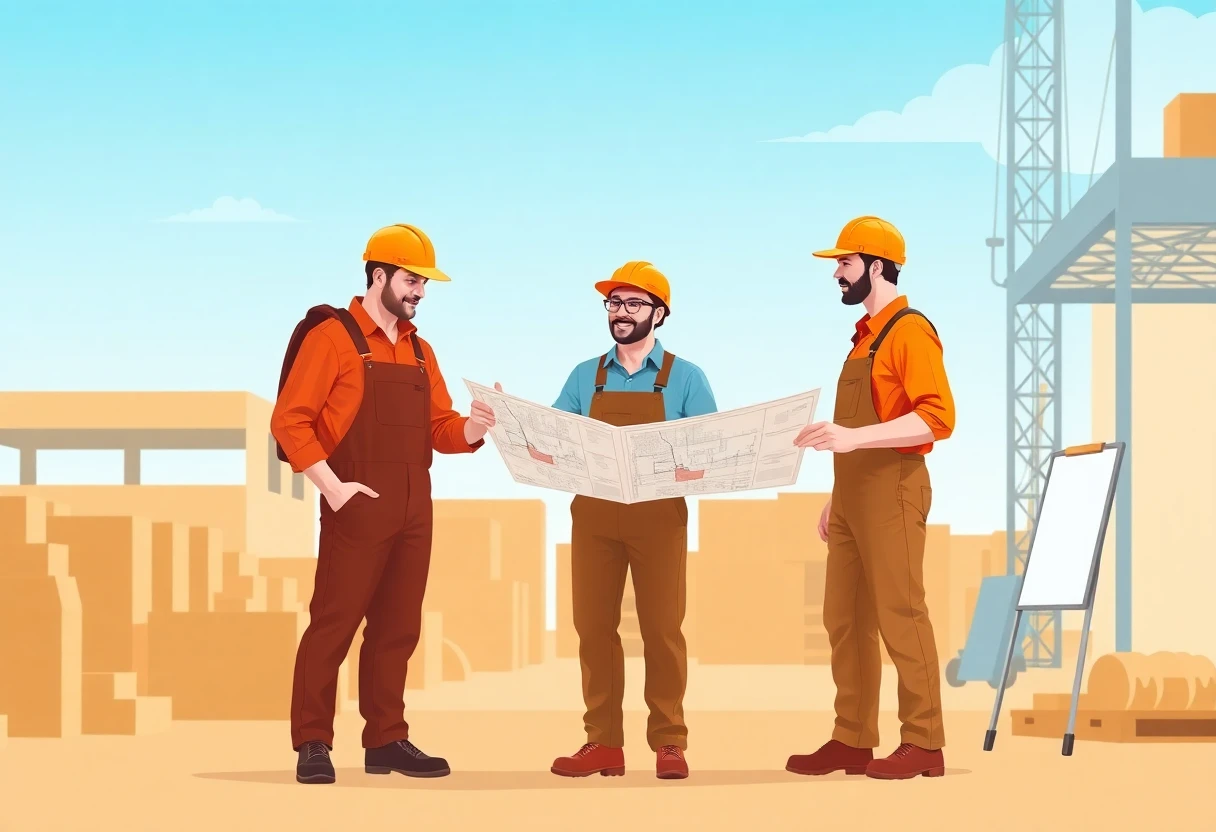 Construction workers discussing site plans