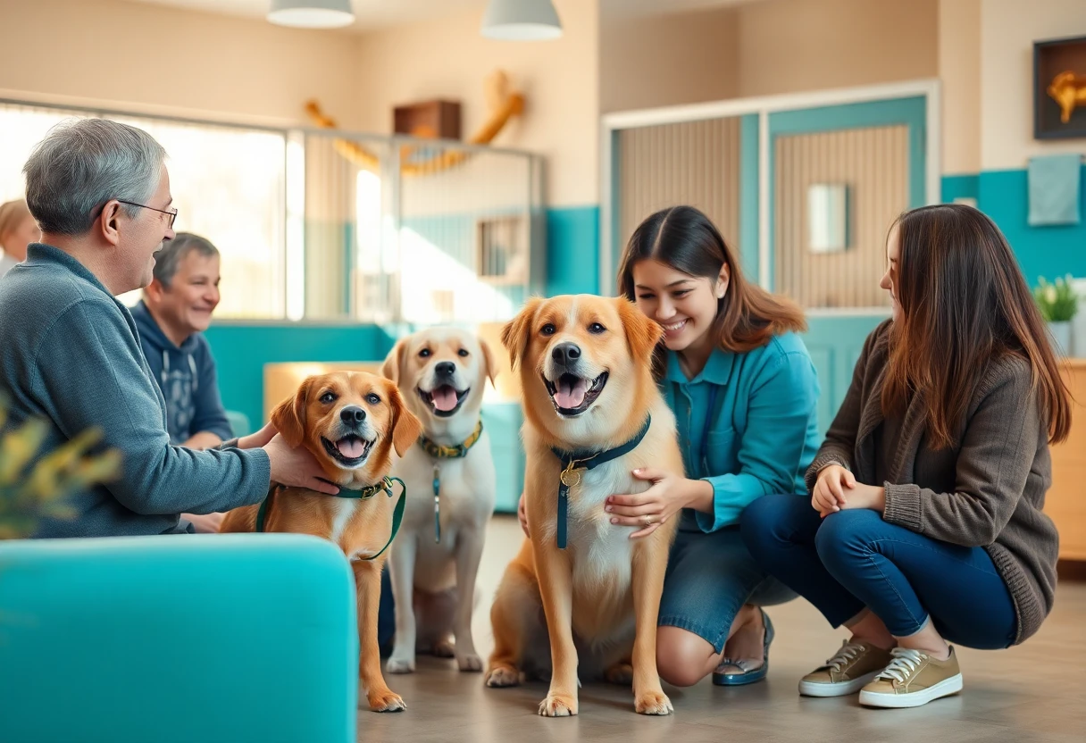 Animal rescue center with adopters and dogs