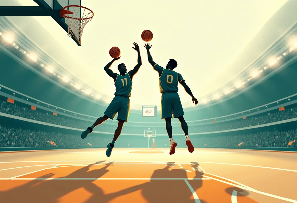 NBA game action with players jumping