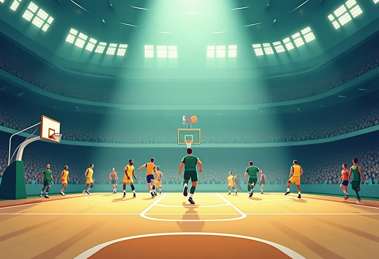 Basketball court action scene