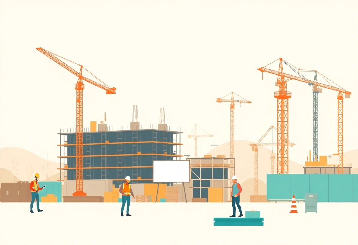 Construction site with workers and cranes