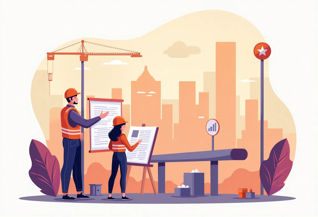 Construction workers with blueprints
